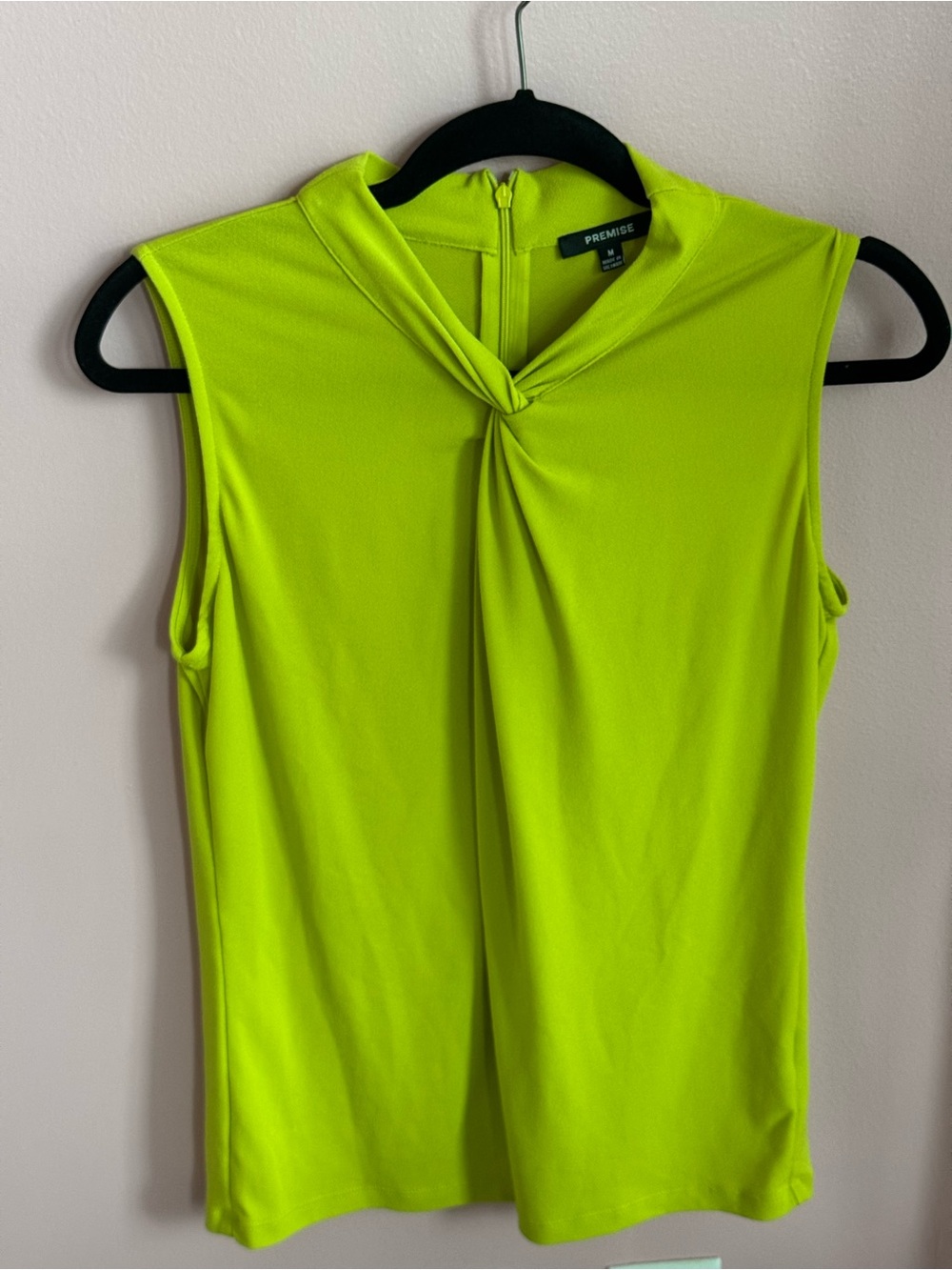 Premise Medium Neon Lime Green Twist Front Mock Neck Sleeveless Blouse Top